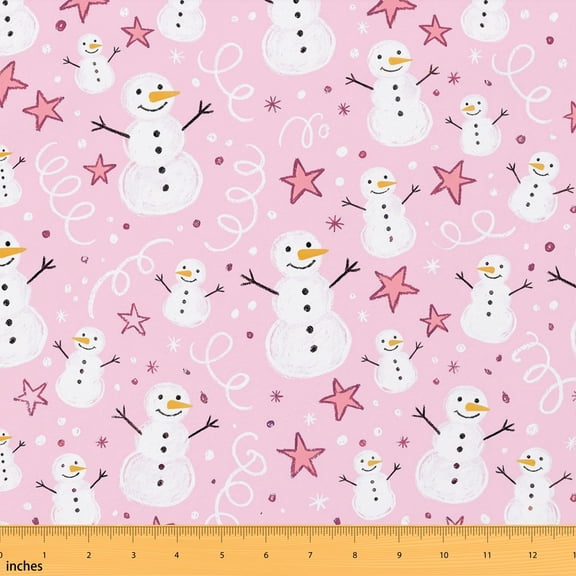 Manfei Cartoon Snowman Fabric by the Yard 1 Yard, Merry Xmas Home Decor Fabric by the Yard, Pastel Pink
