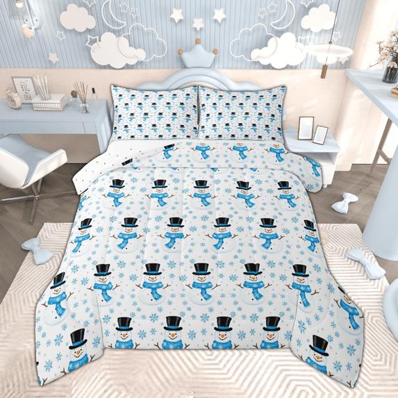 Manfei Cartoon Snowman Full Size Comforter Sets, Blue Snowflakes Bedding Comforter Set, Winter Theme Bedding Sets, Lightweight Room Decor, Reversible 3-Piece