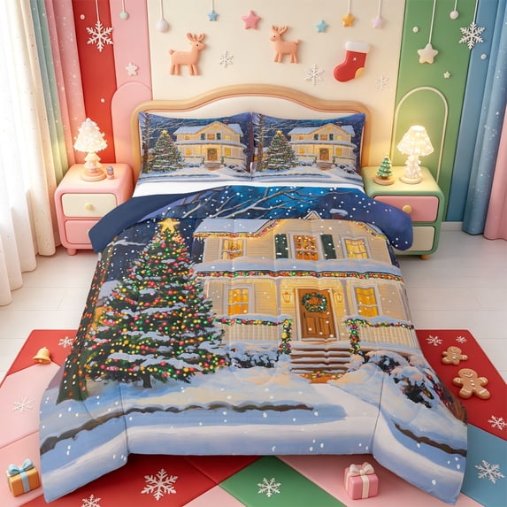 Manfei Cartoon Snowman Queen Comforter Set,Christmas Print Comforter Sets Queen,Navy Blue Reversible,3-Piece,1 Comforter and 2 Pillowcases