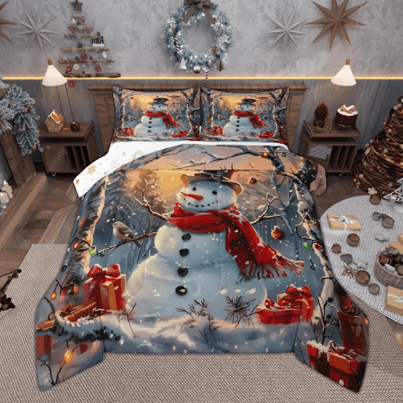 Manfei Cartoon Snowman Queen Comforter Set for Kids, Merry Christmas Gifts Bedding Sets, White Winter Snow Bedding Comforter Set, Lightweight Room Decor, Reversible 3-Piece