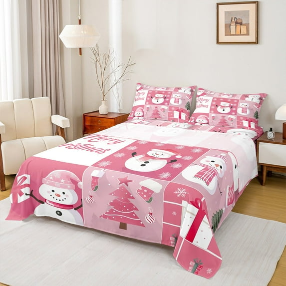Manfei Cartoon Snowman Twin Sheet Sets for Child, Kawaii Pink Xmas Tree Twin Fitted Sheet, Christmas Patchwork Print Flat Sheet, Lightweight Room Decor, 3-Piece