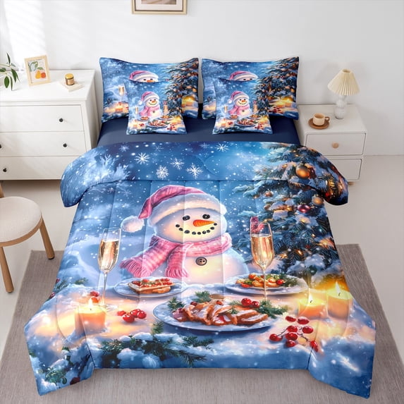 Manfei Cartoon Snowmen 7-Piece Twin Bedding Sets,Xmas Food Bedding Comforter Set,Red Christmas Berry Sheet Sets For Girl Kids,Super Cozy Room Decor Reversible