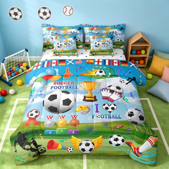 Manfei Cartoon Soccer Full Size Bedding Sets, Football Soccer Full Size Bed in a Bag, Blue Multicolor White, Polka Dots Reversible 7 Pieces