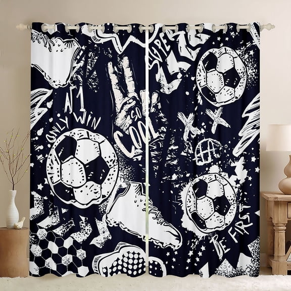 Manfei Cartoon Soccer Graffiti Black Out Curtains, Black White Honeycomb Abstract Curtains Pack of 2 (42x63 Each), Sports Lover Bedroom Curtains, Blackout Curtains Room Decor