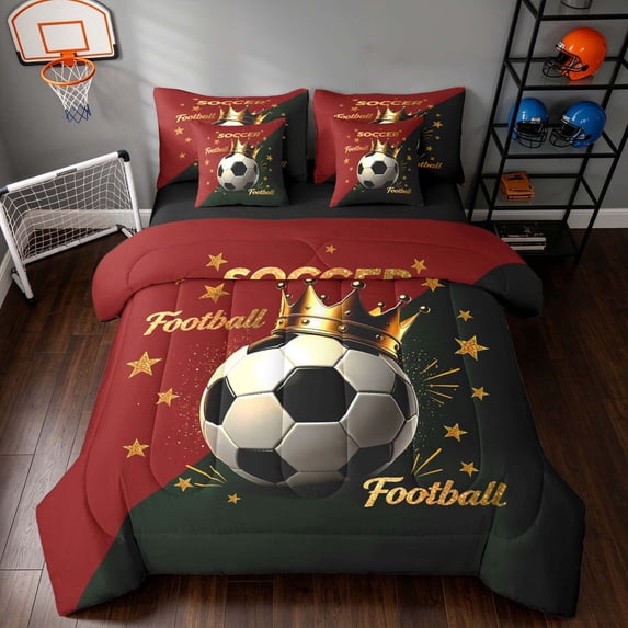 Manfei Cartoon Soccer King Bedding, Sports Football Print King Bed in a Bag, Maroon Forest Gold, Black Reversible 7pcs