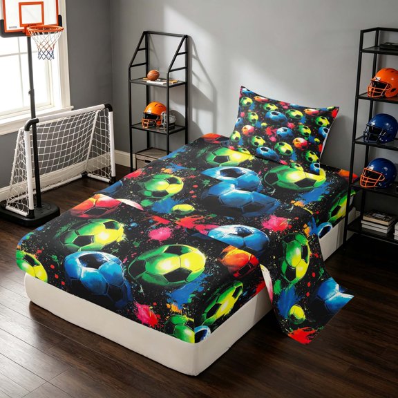 Manfei Cartoon Soccer Twin Sheets, Football Soccer Bedding, Black Blue Green Red 3-Piece(1 Flat Sheet, 1 Fitted Sheet and 1 Pillowcase)