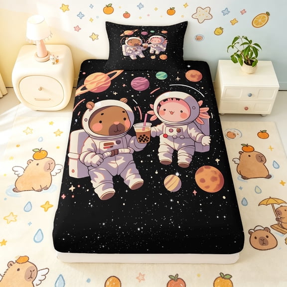 Manfei Cartoon Space Capybara Twin Fitted Sheet, Galaxy Astronaut Animal Bedding, Black Brown, 2pcs, 1 Fitted Sheet and 1 Pillowcase