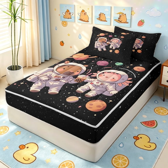 Manfei Cartoon Space Capybara Zipper Queen Comforter Set with Fitted Sheet and 2 Pillowcases, Galaxy Astronaut Animal Zipper Bedding Set, Black Brown, Black Reversible, 4pcs