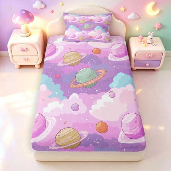 Manfei Cartoon Space Planets Fitted Sheet Full,Kawaii Clouds Bed Set,Purple Pink,3-Piece