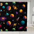 thumbnail image 1 of Manfei Cartoon Space Planets Shower Curtain 72Wx72L,Celestial Rocket Ships Bathroom Curtain,Black, 1 of 5