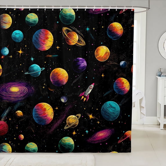 Manfei Cartoon Space Planets Shower Curtain 72Wx72L,Celestial Rocket Ships Bathroom Curtain,Black