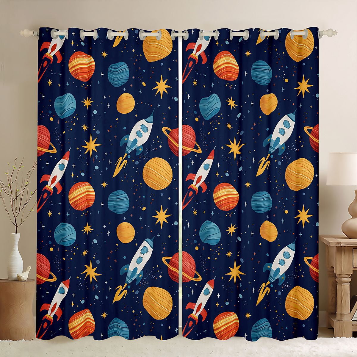 Manfei Cartoon Space Rocket Curtains and Drapes Pack of 2 (52x63 Each ...