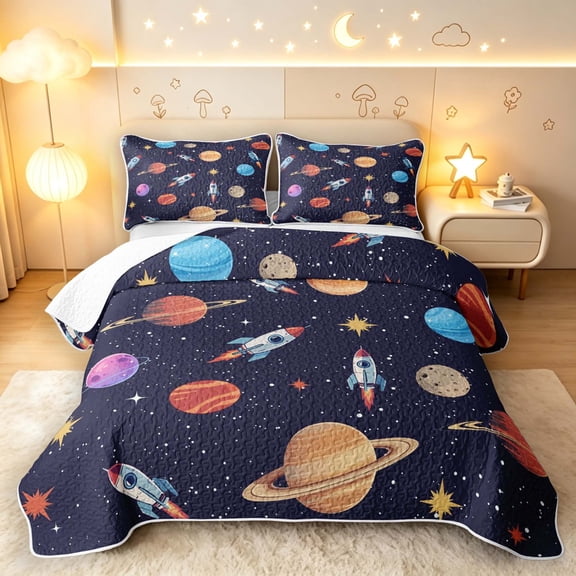 Manfei Cartoon Space Rockets Bed Spread Queen,Celestial Color Planets Queen Coverlet Set,Navy,Navy Blue Reversible,3pcs,1 Quilt and 2 Pillowcases