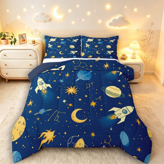 Manfei Cartoon Space Rockets King Size Comforter Sets,Cute Ringed Planets Comforters King Size,Blue Yellow,Navy Blue Reversible,3 Pieces,1 Comforter and 2 Pillowcases