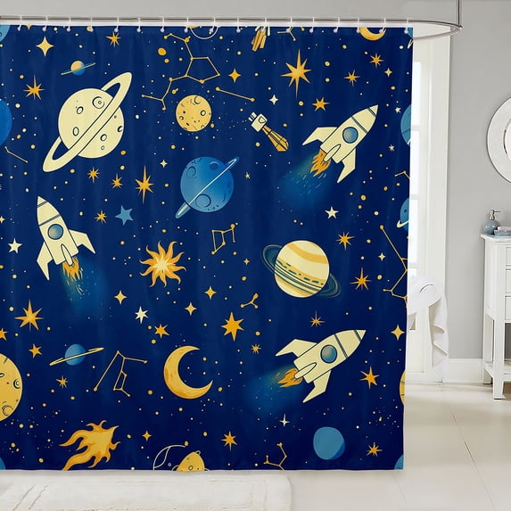 Manfei Cartoon Space Rockets Shower Curtain 72Wx78L,Cute Ringed Planets Bath Curtain,Blue Yellow