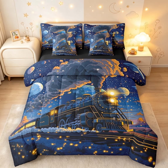 Manfei Cartoon Space Train 7-Piece King Bedding,Glowing Starry Sky King Bed in a Bag,Navy Blue,Black Reversible