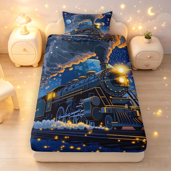 Manfei Cartoon Space Train Twin Fitted Sheet,Glowing Starry Sky Bedding,Navy Blue,2-Piece