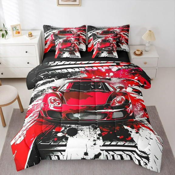 Manfei Cartoon Sport Car Twin Bedding Sets 7-Piece for Boy, Modern Graffiti Watercolor Bedding Comforter Set, Red Automobile Reversible Sheet Sets, Super Cozy Room Decor