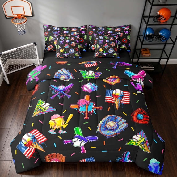 Manfei Cartoon Sport King Bedding, Baseball Print King Bed in a Bag, MultiColor Black, Black Reversible 7pcs
