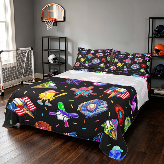 Manfei Cartoon Sport Queen Sheets, Baseball Print Queen Sheet Sets, MultiColor Black 4pcs(1 Flat Sheet, 1 Fitted Sheet and 2 Pillowcases)