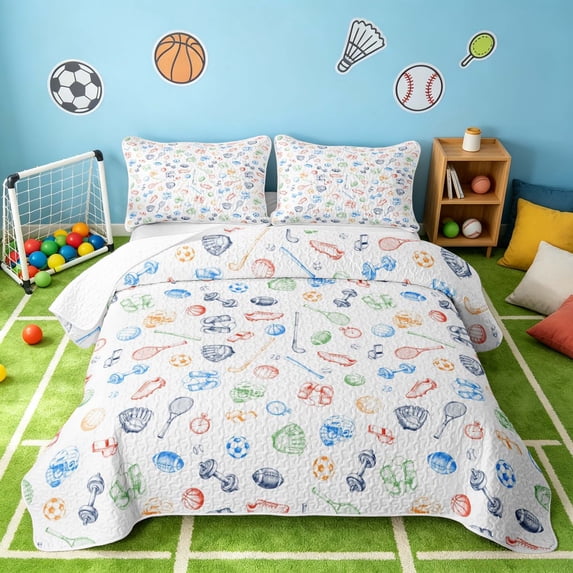 Manfei Cartoon Sport Twin Quilt Set, Soccer Tennis Football Twin Coverlet Set, Multicolor Sport, Stars Reversible 2 Pieces, 1 Bedspread and 1 Pillowcase