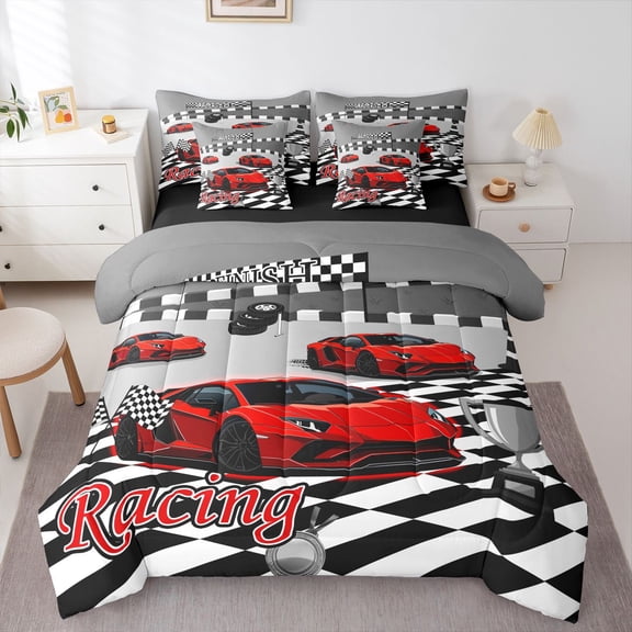 Manfei Cartoon Sports Cars 7 Pieces Full Size Bedding Sets,Racing Track Print Full Size Bed in a Bag,Red,Black Reversible