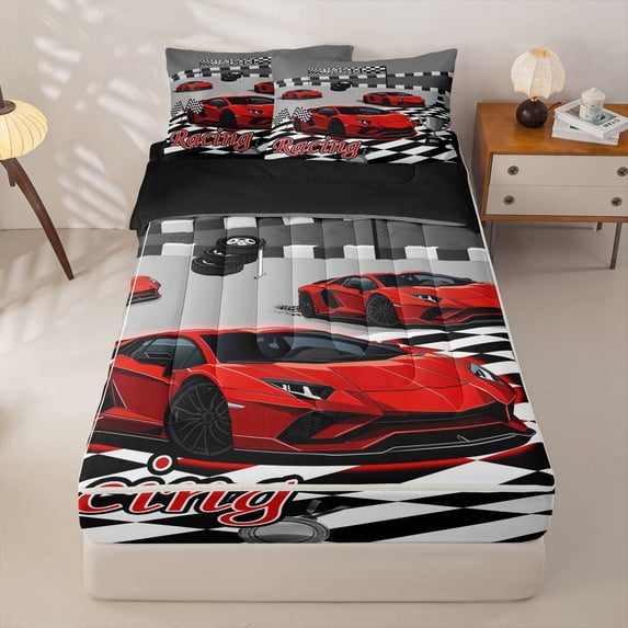 Manfei Cartoon Sports Cars Zipper Full Size Comforter Sets with Fitted Sheet and 2 Pillowcases,Racing Track Print Zipper Bedding Set,Red,Black Reversible,4pcs