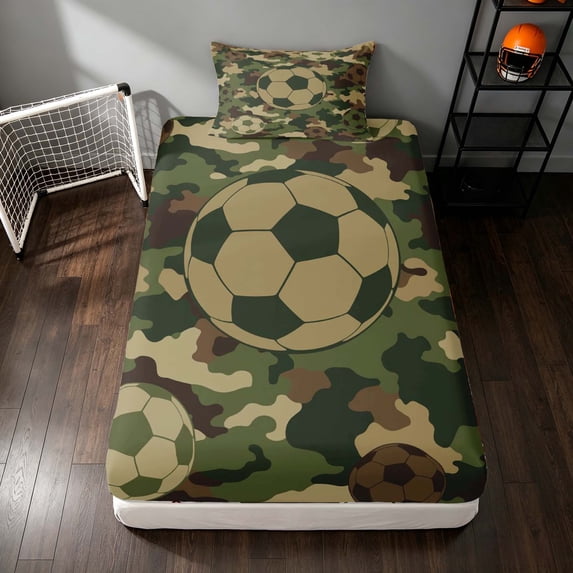 Manfei Cartoon Sports Twin Fitted Sheet, Camo Soccer Bedding, Camo Green Beige Brown 2 Pieces, 1 Fitted Sheet and 1 Pillowcase