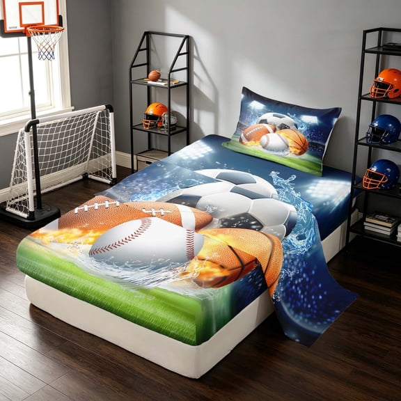 Manfei Cartoon Sports Twin Sheets, Football Soccer Basketball Baseball Bedding, Navy Green Orange 3 Pieces(1 Flat Sheet, 1 Fitted Sheet and 1 Pillowcase)