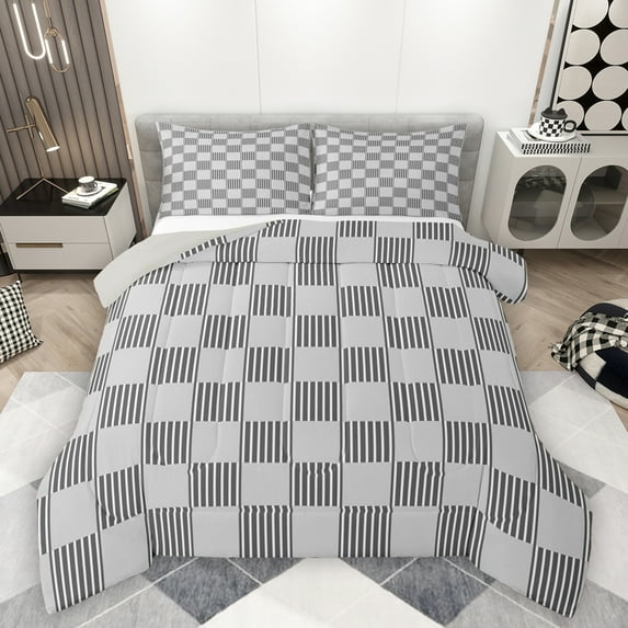 Homewish Cartoon Square Adult Bedding Comforter Set, Stripes Abstract Ombre Twin Comforter Sets, Grey Buffalo Plaid Reversible Bedding Set, Breathable Home Decor, 2 Pieces