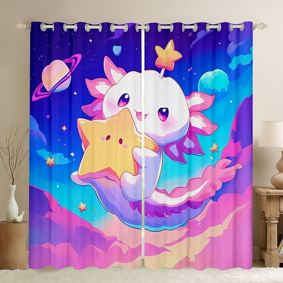 Manfei Cartoon Star Axolotl Black Out Curtains, Dreamy Starry Sky Curtains Pack of 2 (42x63 Each), Kawaii Animal Bedroom Curtains, Window Curtains Room Decor