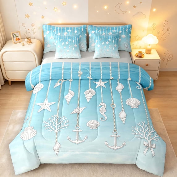 Manfei Cartoon Starfish Seashells 7-Piece King Bedding,Marine Life King Bed in a Bag,Blue White,Light Gray Reversible