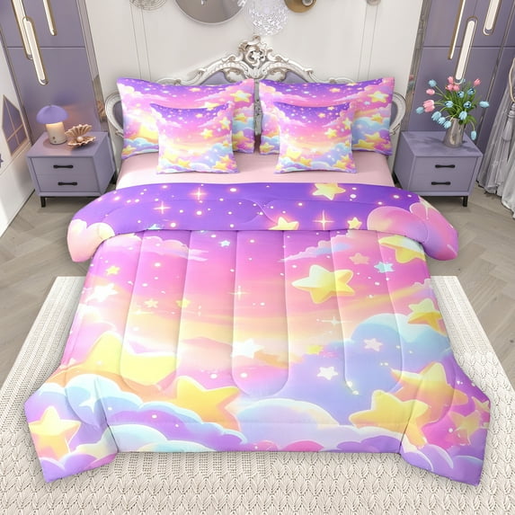 Manfei Cartoon Stars Cloud 7-Piece Twin Bedding Sets for Kid, Fairy Tale Galaxy Bedding Comforter Set, Kawaii Sky Print Reversible Sheet Sets, Lightweight Room Decor
