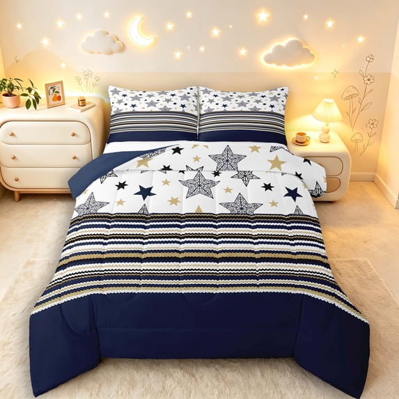 Manfei Cartoon Stars Print Queen Comforter Set,Vintage Striped Comforter Sets Queen,White Navy,Navy Blue Reversible,3pcs,1 Comforter and 2 Pillowcases