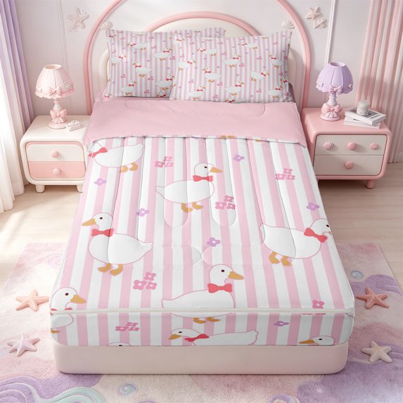 Manfei Cartoon Stripe Bow Zipper Queen Comforter Set with Fitted Sheet and 2 Pillowcases,Cute Floral Duck Zipper Bedding Set,Pink Reversible,4pcs