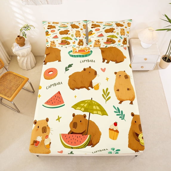 Manfei Cartoon Summer Capybara Fitted Sheet Full, Hawaii Holiday Animal Bed Set, Corn Silk, 3-Piece, 1 Fitted Sheet and 2 Pillowcases
