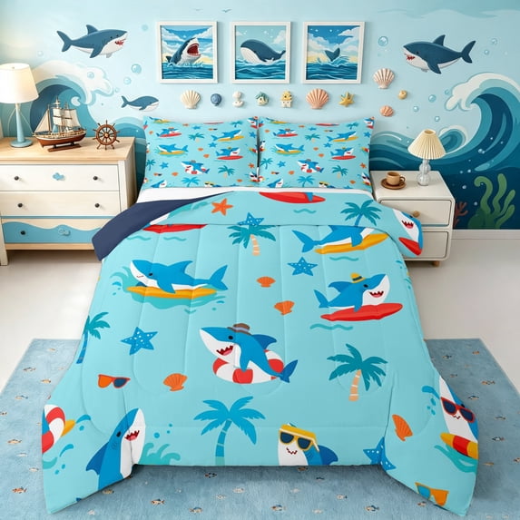 Manfei Cartoon Surf Shark King Size Comforter Sets, Tropical Beach Comforters King Size, Sky Blue, Blue Reversible, 3 Pieces, 1 Comforter and 2 Pillowcases