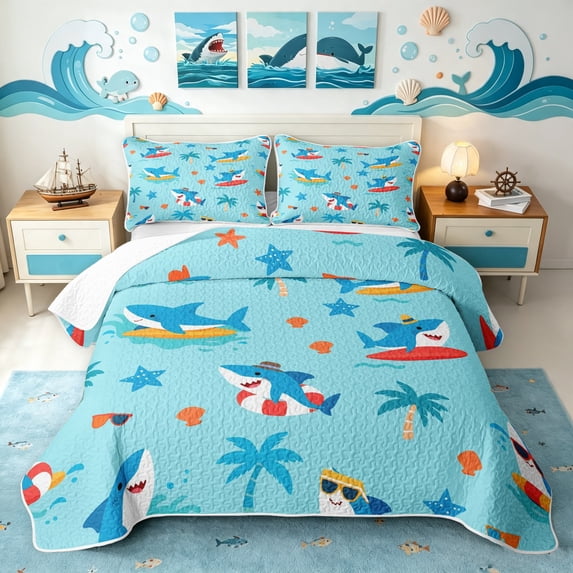 Manfei Cartoon Surf Shark Quilt King, Tropical Beach King Coverlet Set, Sky Blue, 3 Pieces, 1 Bedspread and 2 Pillowcases