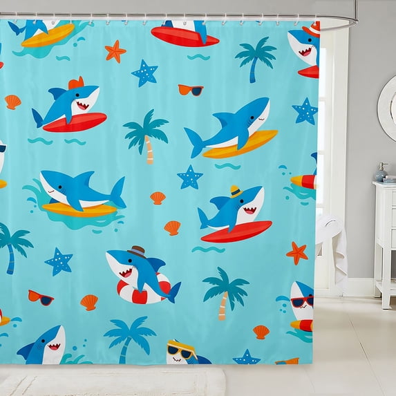 Manfei Cartoon Surf Shark Shower Curtain 72Wx72L, Tropical Beach Bathroom Curtain, Sky Blue