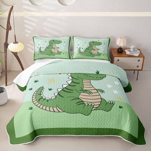 Manfei Cartoon T-Rex Dino Quilt King,Funny Grass Paw Print King Coverlet Set,Green Yellow,3-Piece,1 Bedspread and 2 Pillowcases