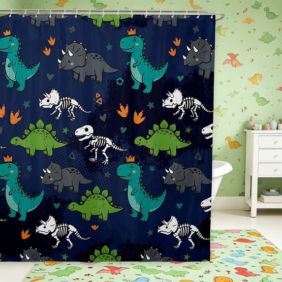 Manfei Cartoon T-Rex Dinosaur Shower Curtain 72Wx72L,Vintage Paw Print Bathroom Curtain,Blue Gray