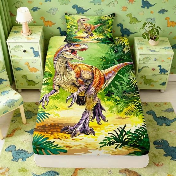 Manfei Cartoon T-Rex Wildlife Fitted Sheet Queen,Funny Animals Bedding,Green Yellow,3pcs,1 Fitted Sheet and 2 Pillowcases