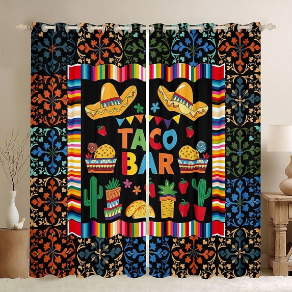 Manfei Cartoon Taco Bar Blackout Curtains Set of 2 (52x84 Each), Western Cactus Plant Curtain, Black Orange