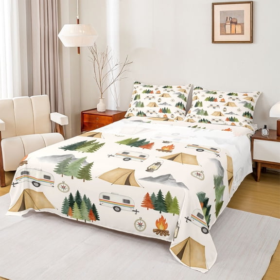 Manfei Cartoon Tent Queen Sheets,Woodland Camping Theme Queen Sheet Sets,White,4-Piece,1 Flat Sheet, 1 Fitted Sheet and 2 Pillowcases