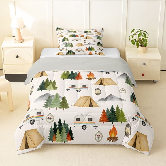 Manfei Cartoon Tent Twin Comforter Sets,Woodland Camping Theme Bedding Set,White,Light Gray Reversible,2 Pieces,1 Comforter and 1 Pillowcase
