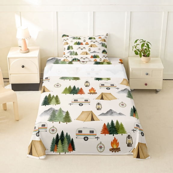 Manfei Cartoon Tent Twin Sheets,Woodland Camping Theme Bedding,White,3 Pieces,1 Fitted Sheet and 1 Pillowcase