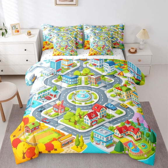 Manfei Cartoon Town Map 7pcs Queen Bedding,Autumn Trees Bedding Comforter Set Queen,Gray,Reversible