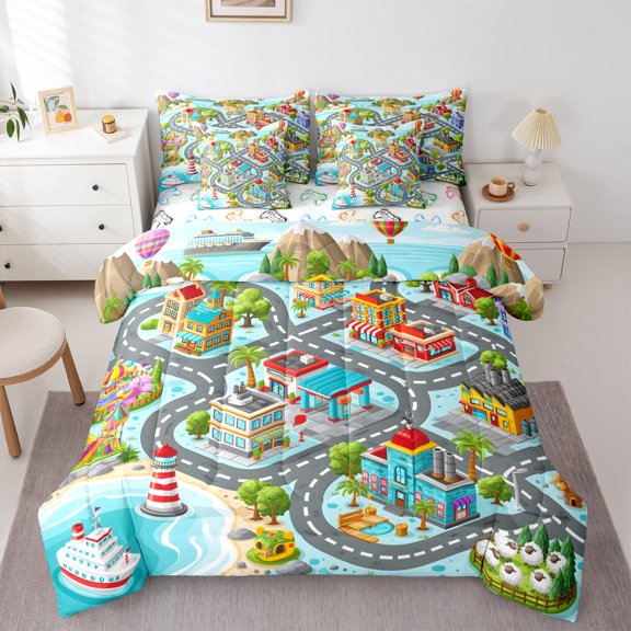 Manfei Cartoon Town Map 7pcs Queen Bedding,City Roads Bedding Comforter Set Queen,Gray,Gamepad reversible