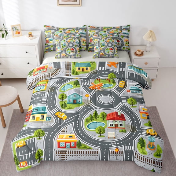 Manfei Cartoon Town Map 7pcs Queen Bedding,Toy Cars Bedding Comforter Set Queen,Gray,Light Gray Reversible