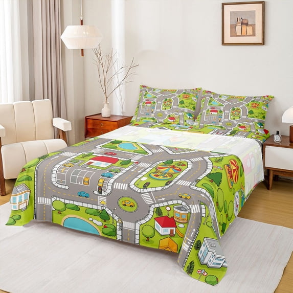 Manfei Cartoon Town Map Bed Sheets,City Streets Full Size Sheets,Gray,4 Pieces,1 Flat Sheet, 1 Fitted Sheet and 2 Pillowcases